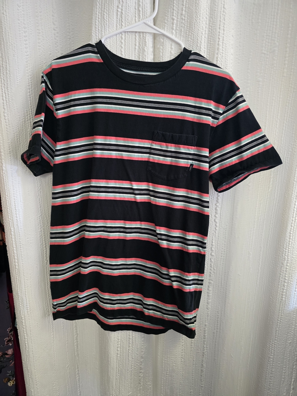 Mens M Vans Black Striped Pocket Tee with Pink & White Accents